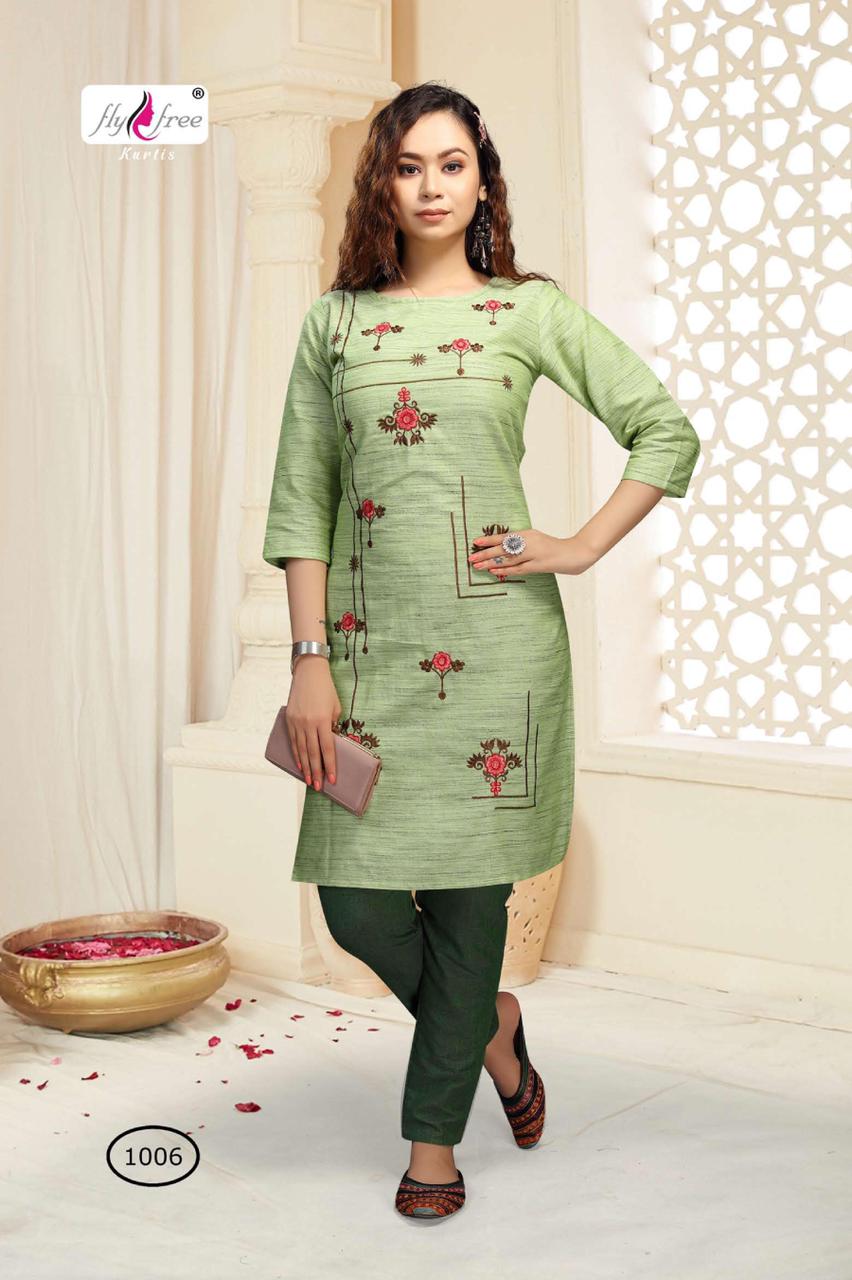 Fly Free Pyramid Heavy Latest Fancy Handloom Designer Emboridery Cotton Kurti With Pant Collection